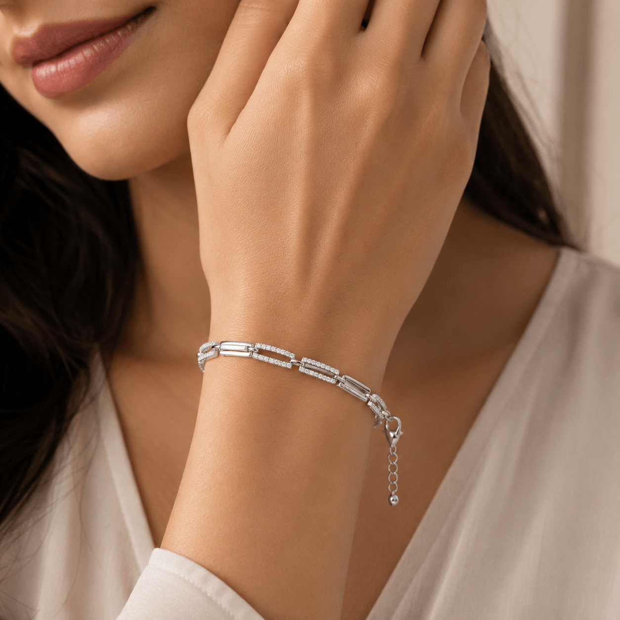 Dual CZ Link Bracelet in 925 Sterling Silver