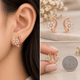 Crescent Moon & Floral Sparkle Stud Earrings