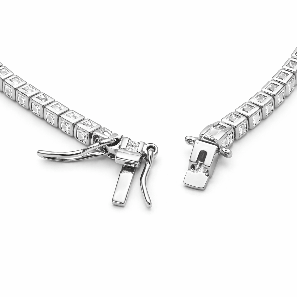 Classic Silver Tone Tennis Bracelet with Square Cut CZ Stone Line