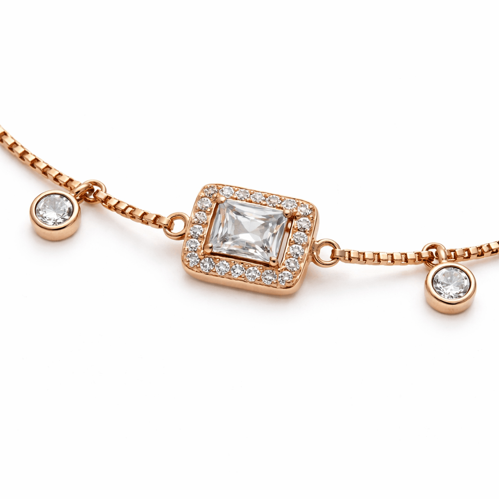 Delicate Gold Tone Chain Bracelet with Square CZ Charm and Dangle Accents