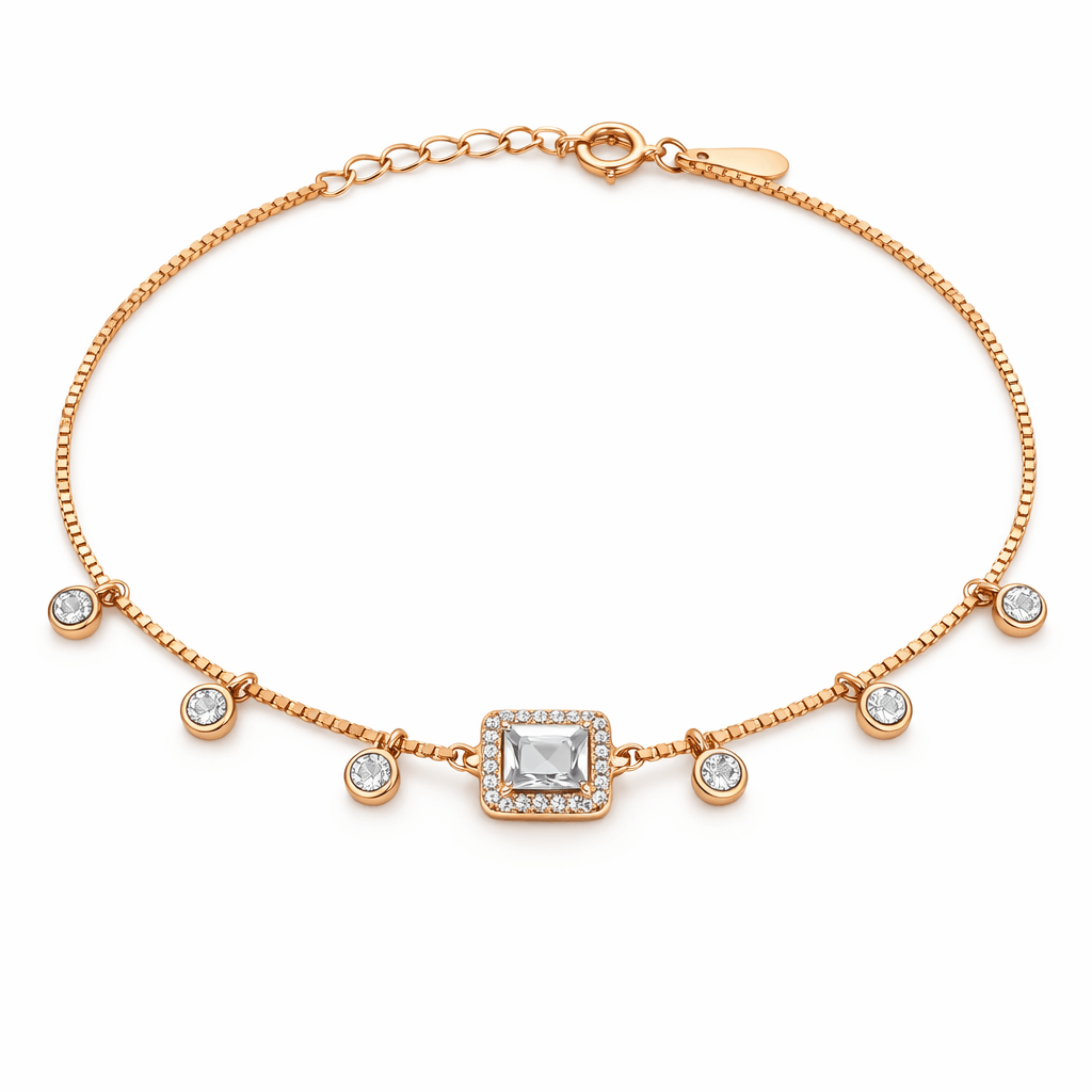Delicate Gold Tone Chain Bracelet with Square CZ Charm and Dangle Accents