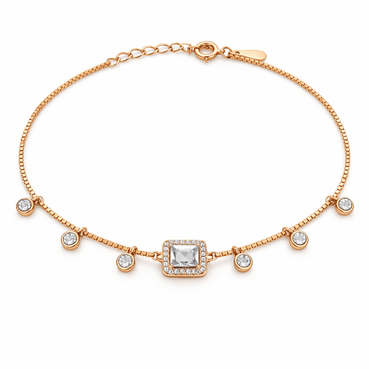 Delicate Gold Tone Chain Bracelet with Square CZ Charm and Dangle Accents