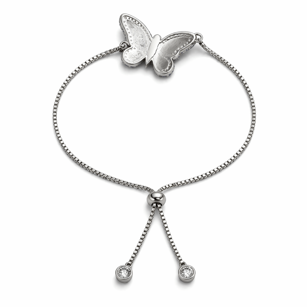 Elegant Blue Butterfly Charm Adjustable Bracelet Silver-Tone with CZ Accents