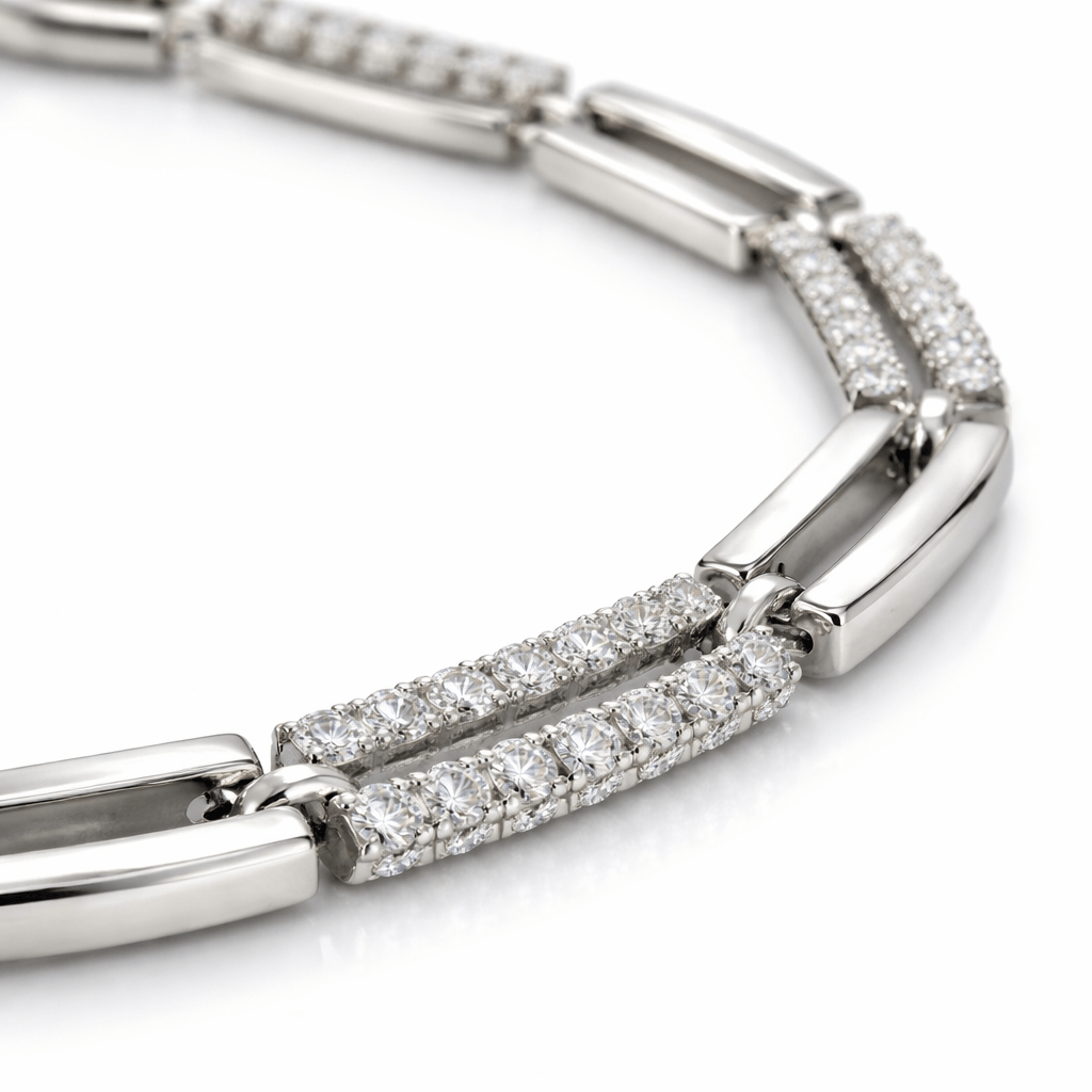 Elegant Silver-Tone Link Bracelet with Dual CZ Rows and Adjustable Chain