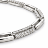 Elegant Silver-Tone Link Bracelet with Dual CZ Rows and Adjustable Chain
