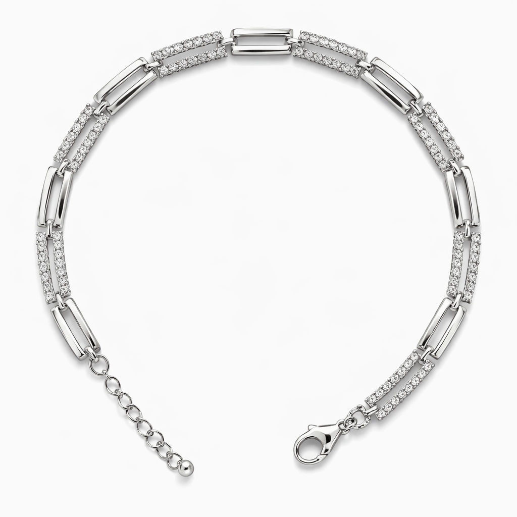 Elegant Silver-Tone Link Bracelet with Dual CZ Rows and Adjustable Chain