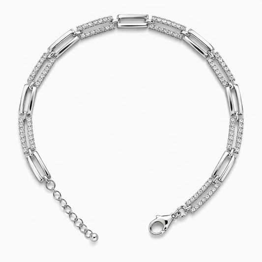 Elegant Silver-Tone Link Bracelet with Dual CZ Rows and Adjustable Chain