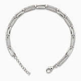 Elegant Silver-Tone Link Bracelet with Dual CZ Rows and Adjustable Chain