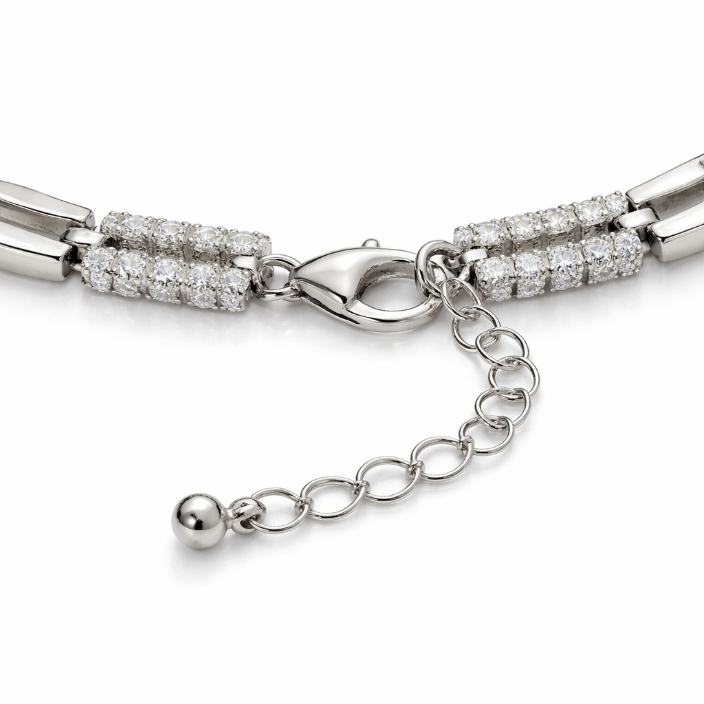 Elegant Silver-Tone Link Bracelet with Dual CZ Rows and Adjustable Chain