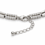 Elegant Silver-Tone Link Bracelet with Dual CZ Rows and Adjustable Chain