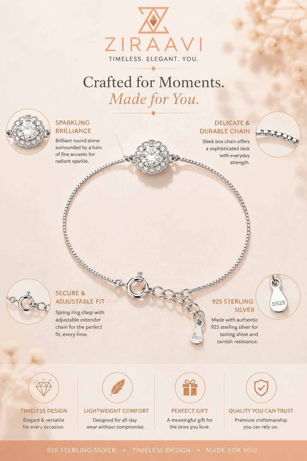 Elegant Halo CZ Adjustable Bracelet