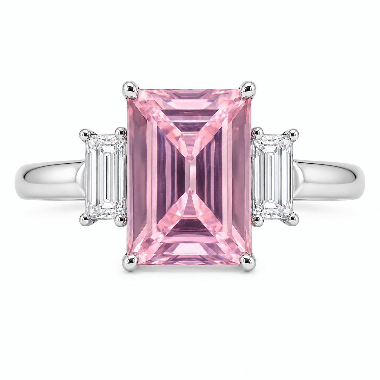 Emerald Cut Pink CZ Three Stone Ring