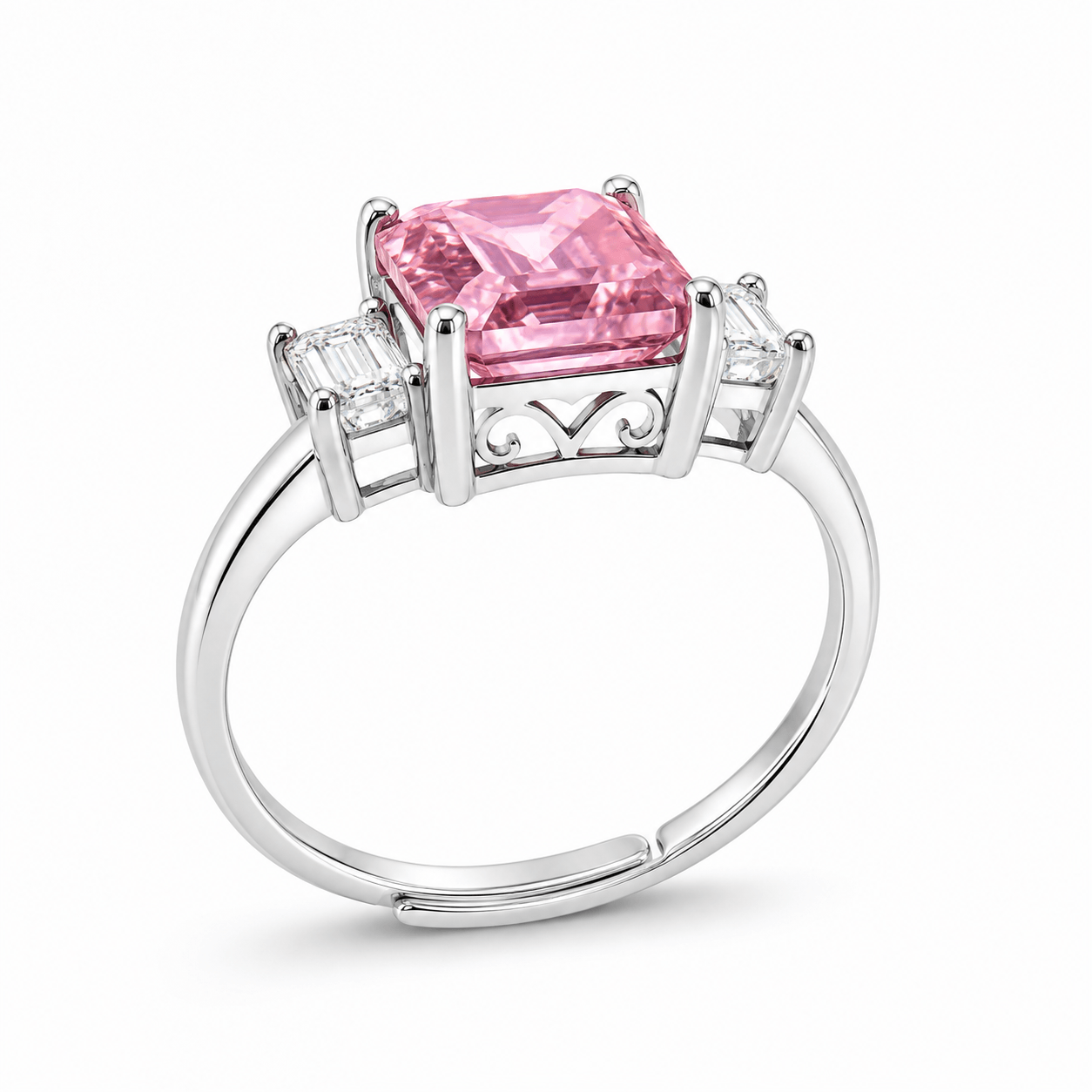Emerald Cut Pink CZ Three Stone Ring