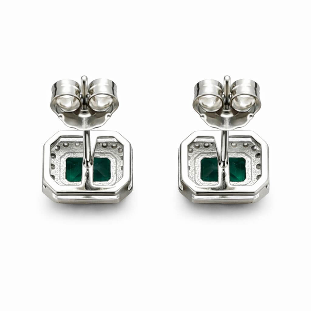 Emerald Green Stone Stud Earrings with CZ Halo Silver-Tone Setting