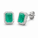 Emerald Green Stone Stud Earrings with CZ Halo Silver-Tone Setting