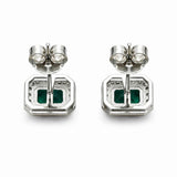 Emerald Green Stone Stud Earrings with CZ Halo Silver-Tone Setting