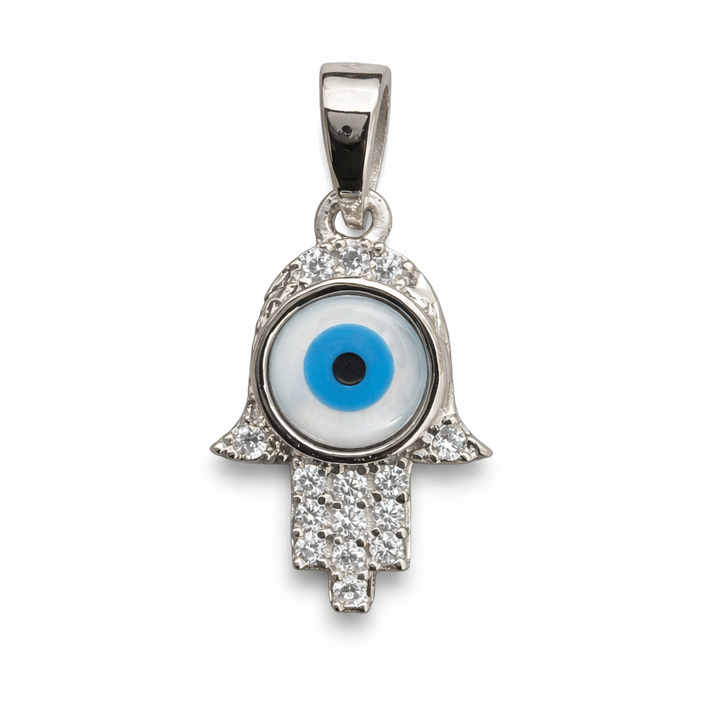 Silver Tone Evil Eye Hamsa Pendant with CZ Studded Protective Charm Design