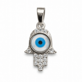 Silver Tone Evil Eye Hamsa Pendant with CZ Studded Protective Charm Design