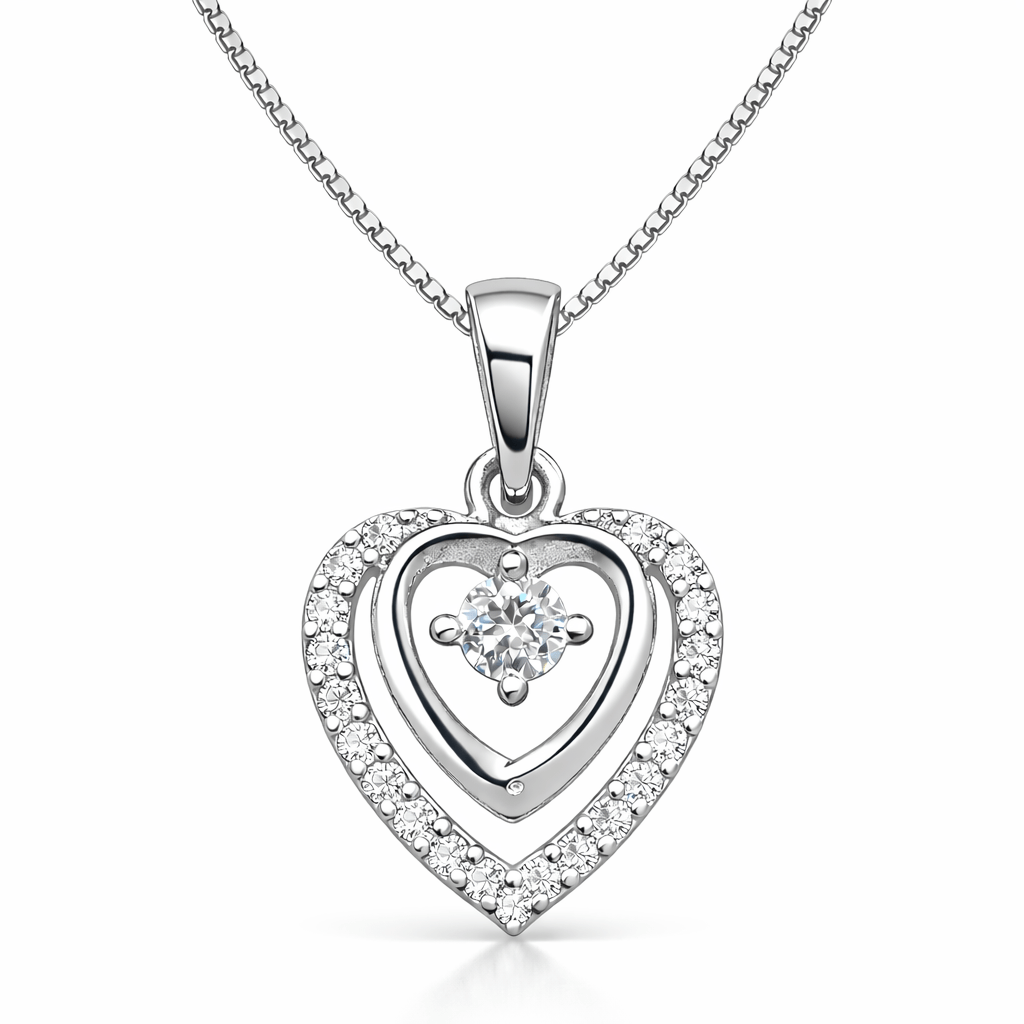 Elegant Silver Tone Double Heart CZ Pendant with Halo Sparkle Design