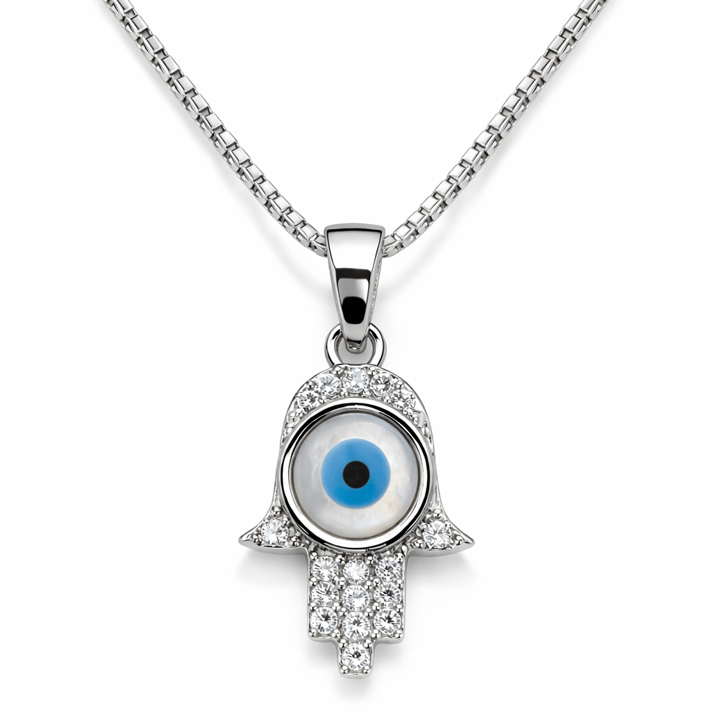 Silver Tone Evil Eye Hamsa Pendant with CZ Studded Protective Charm Design