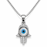 Silver Tone Evil Eye Hamsa Pendant with CZ Studded Protective Charm Design