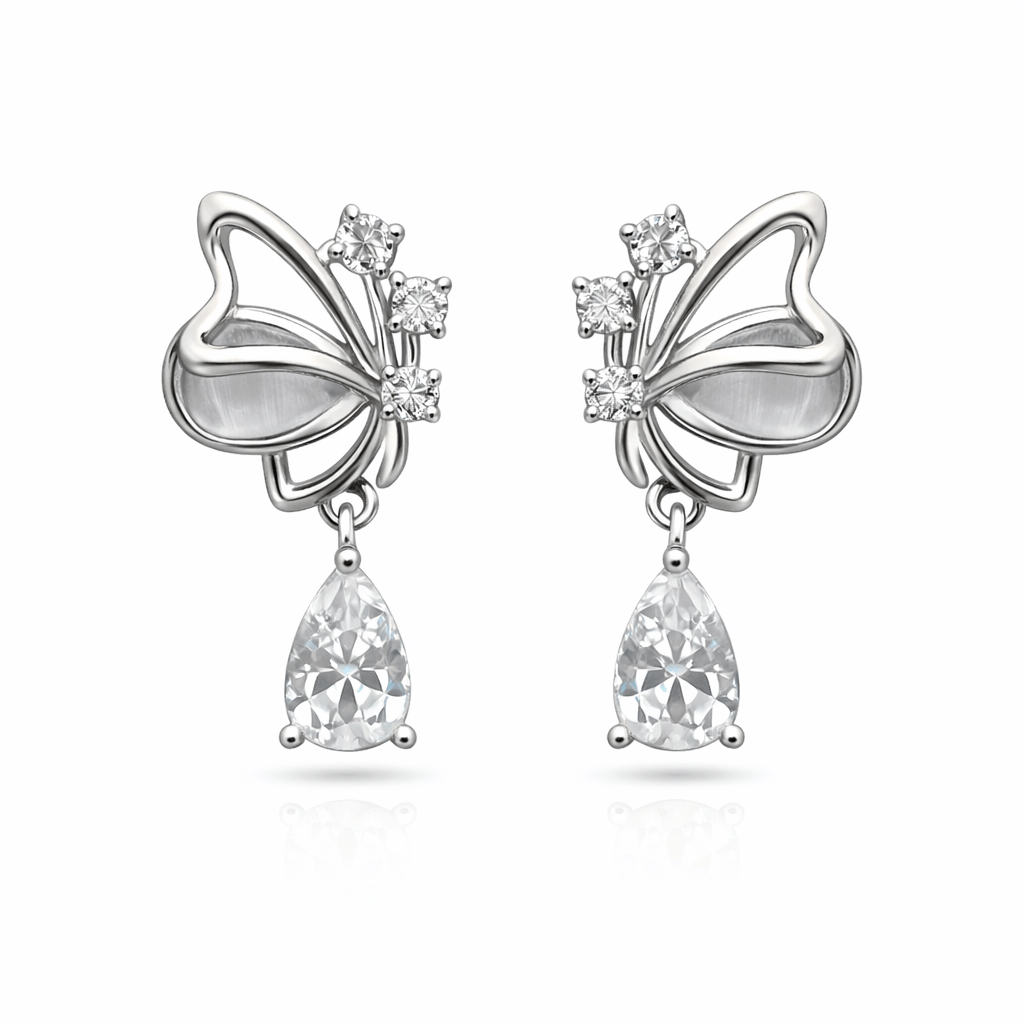 Silver Tone Butterfly Drop Earrings with CZ Stones and Teardrop Crystal