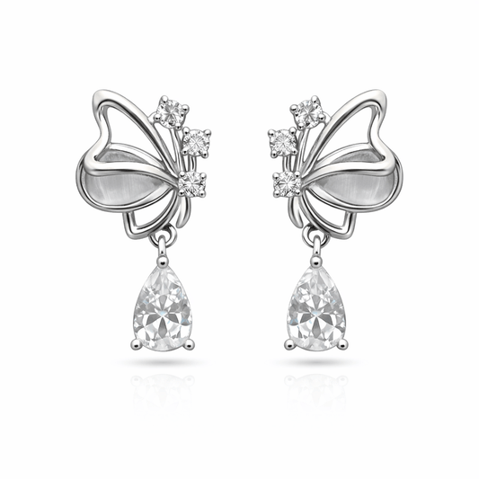 Silver Tone Butterfly Drop Earrings with CZ Stones and Teardrop Crystal