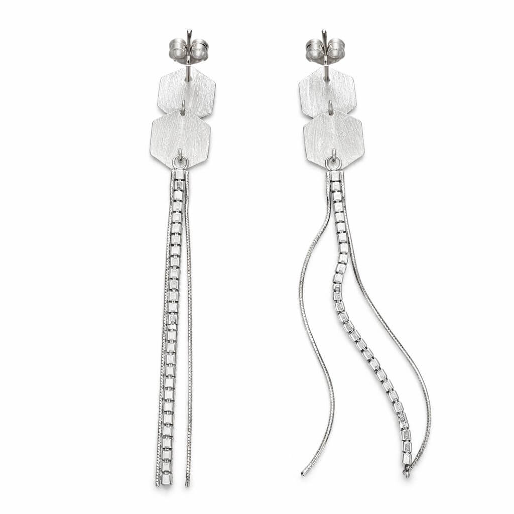 Geometric Silver-Tone Dangle Earrings with CZ Linear Drop Design