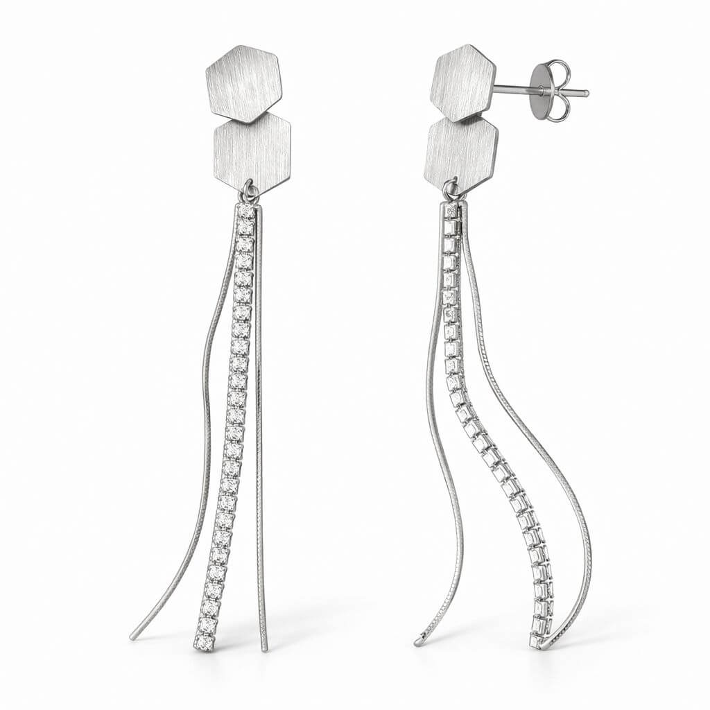 Geometric Silver-Tone Dangle Earrings with CZ Linear Drop Design