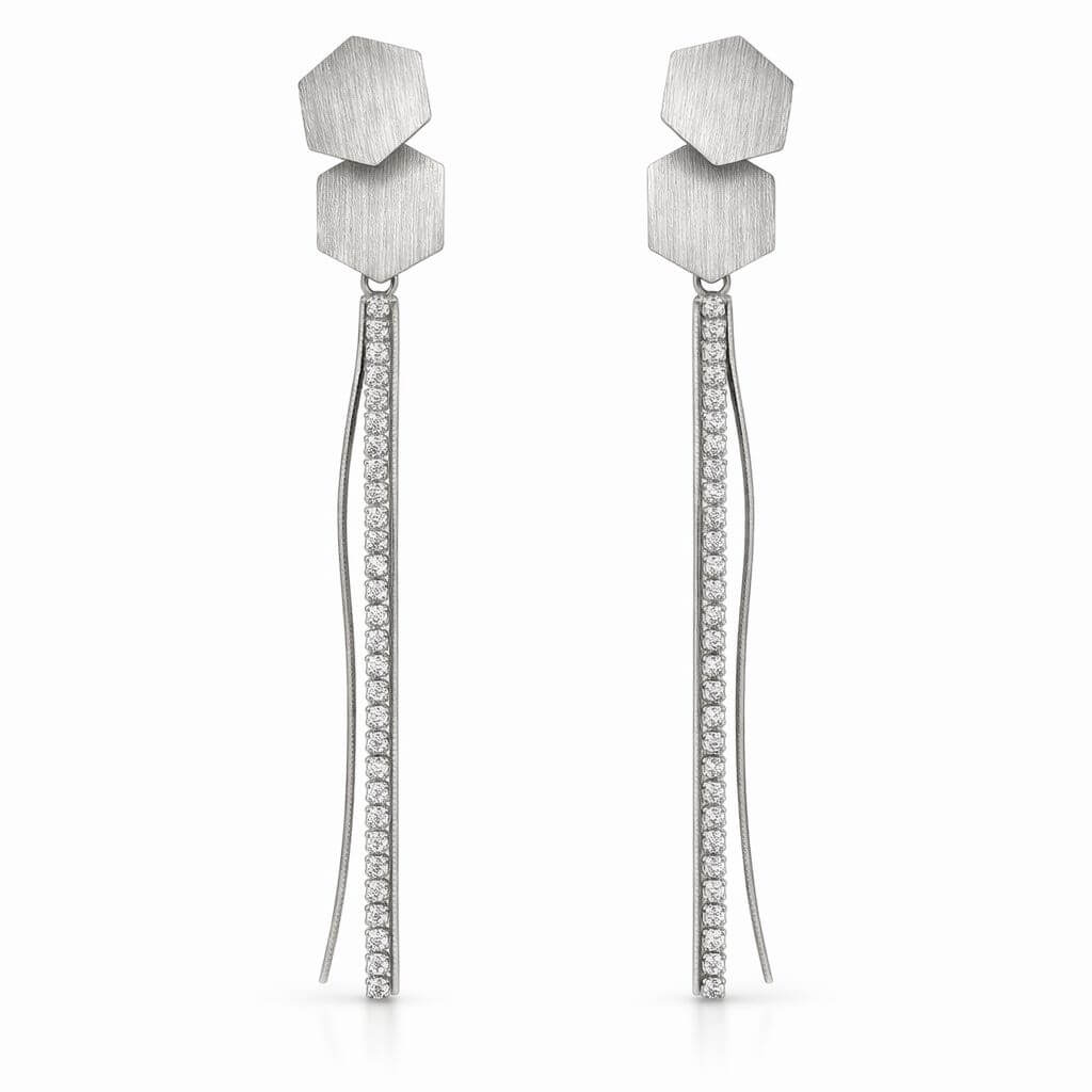 Geometric Silver-Tone Dangle Earrings with CZ Linear Drop Design