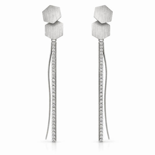 Geometric Silver-Tone Dangle Earrings with CZ Linear Drop Design