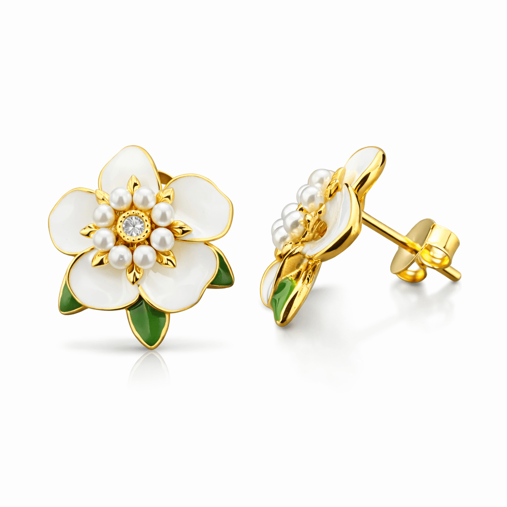 Gold Tone Floral Stud Earrings with Pearl Cluster and Enamel Detailing