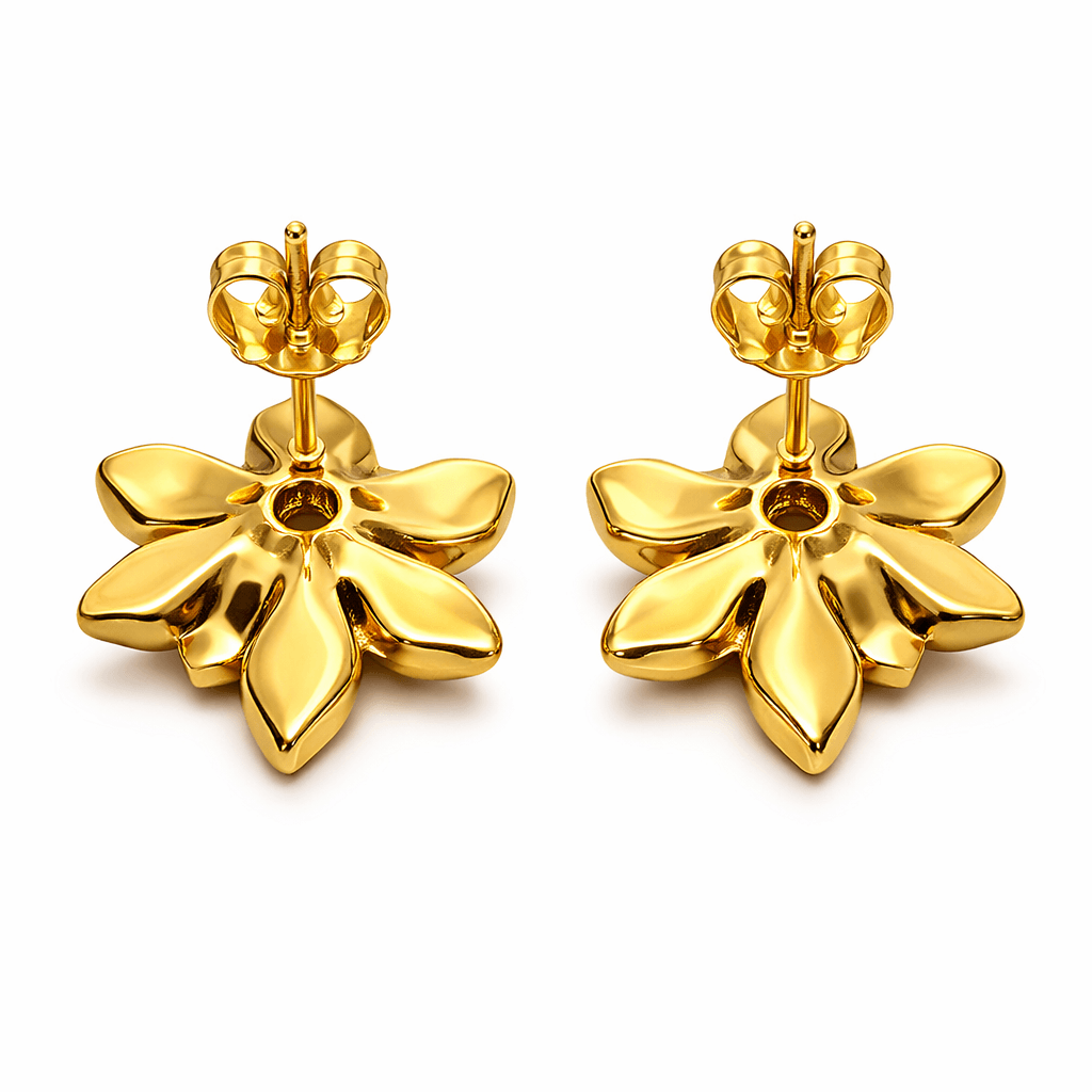 Gold Tone Floral Stud Earrings with Pearl Cluster and Enamel Detailing
