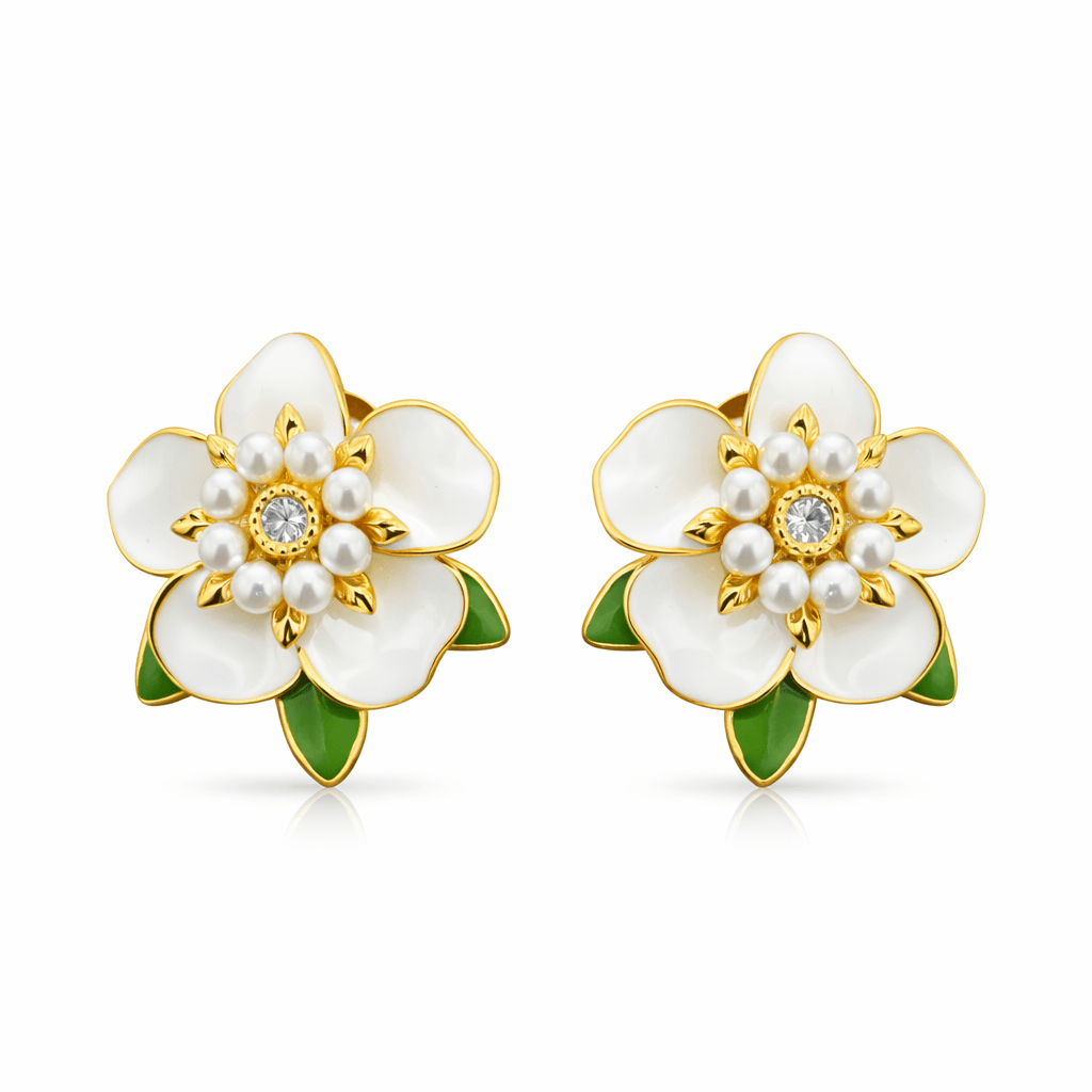 Gold Tone Floral Stud Earrings with Pearl Cluster and Enamel Detailing