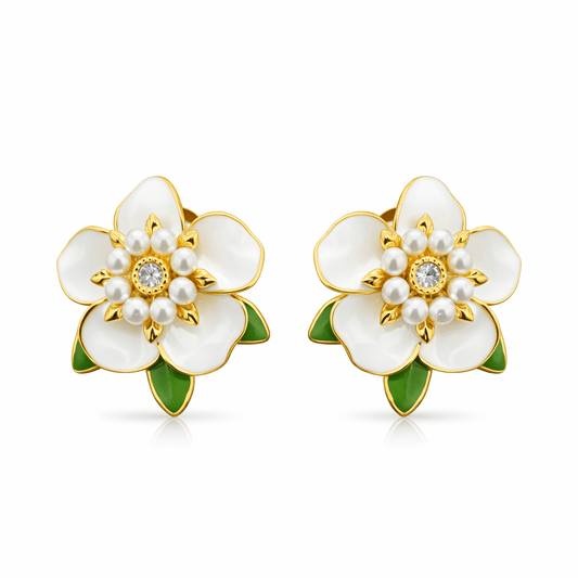 Gold Tone Floral Stud Earrings with Pearl Cluster and Enamel Detailing