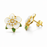 Gold Tone Floral Stud Earrings with Pearl Cluster and Enamel Detailing