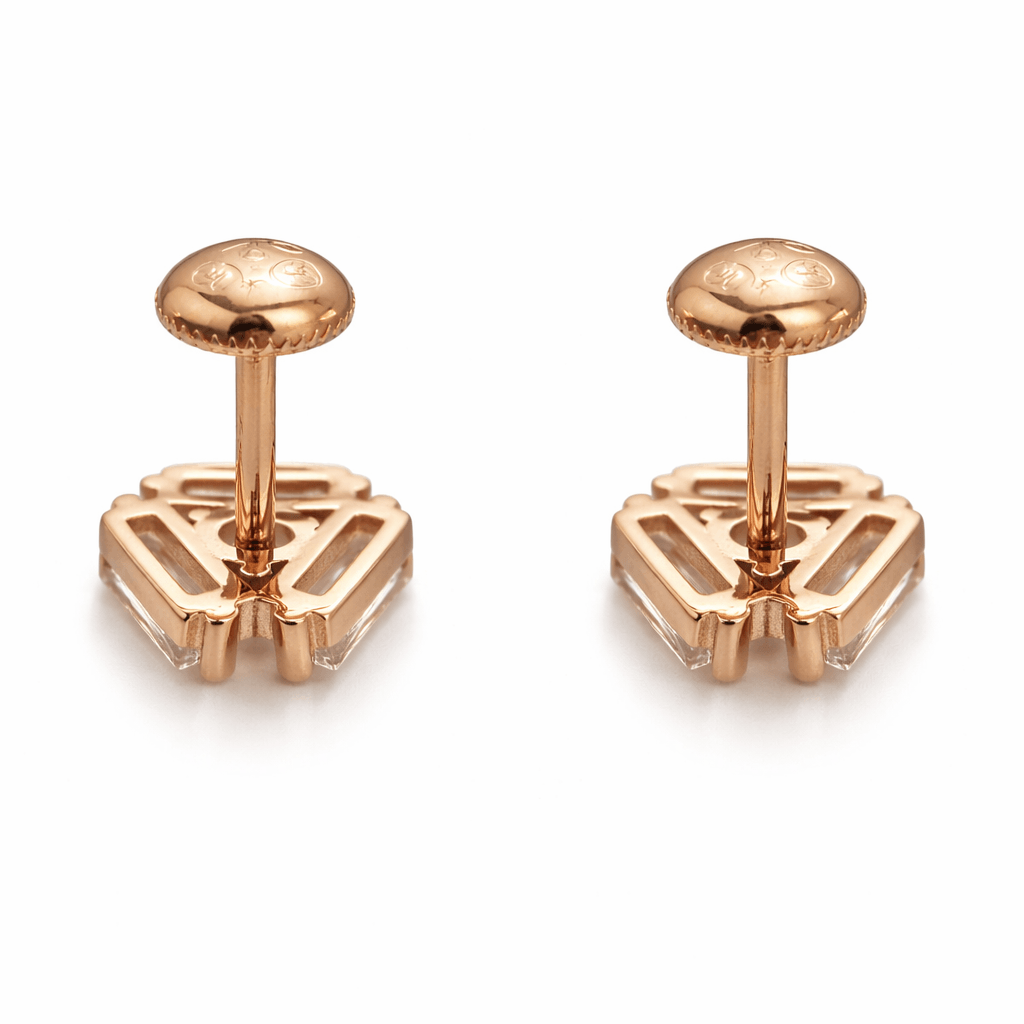 Gold Tone Geometric CZ Stud Earrings with Baguette and Round Stones  Description:
