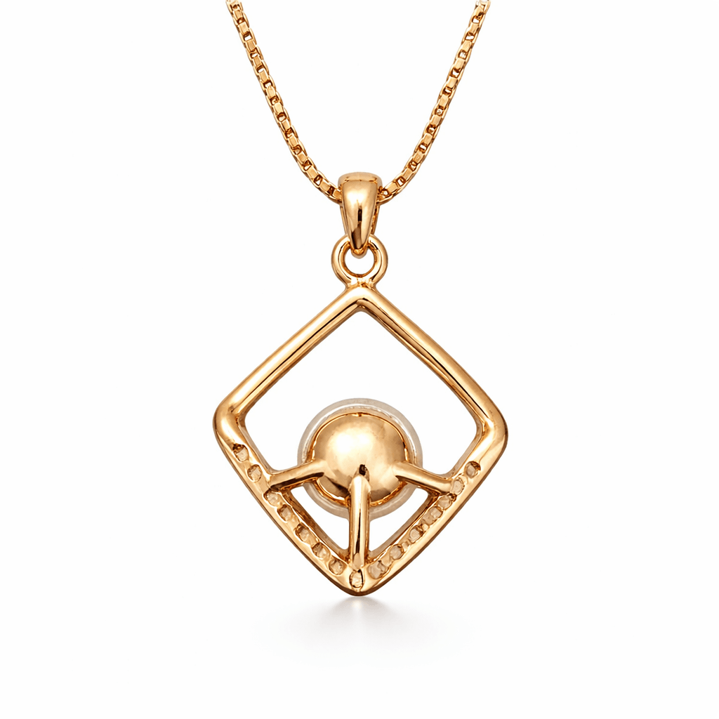 Gold Tone Geometric Square Pendant Necklace with Pearl and CZ Accents