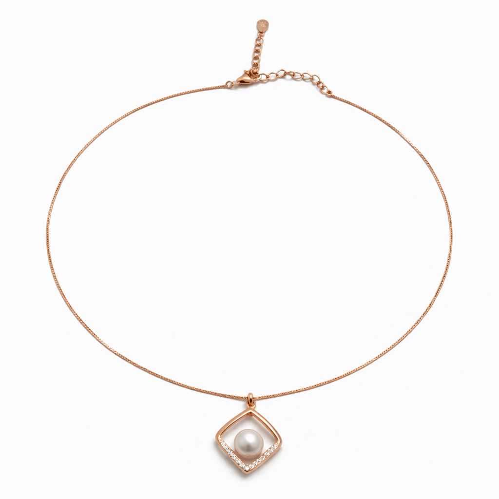 Gold Tone Geometric Square Pendant Necklace with Pearl and CZ Accents