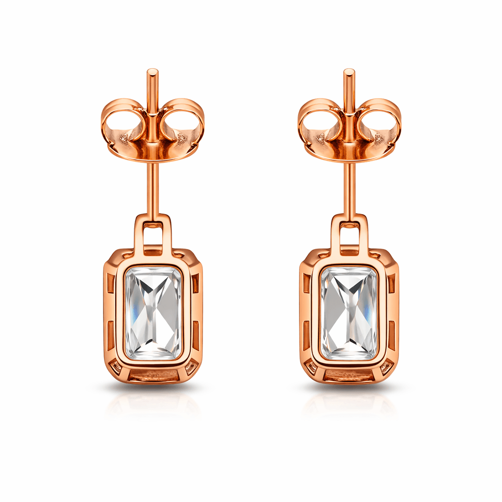 Gold Tone Rectangular Stud Earrings with Crystal Stone and CZ Accent Bar