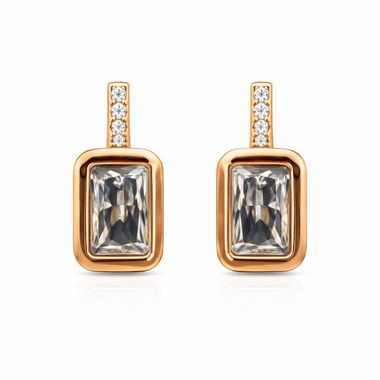 Gold Tone Rectangular Stud Earrings with Crystal Stone and CZ Accent Bar