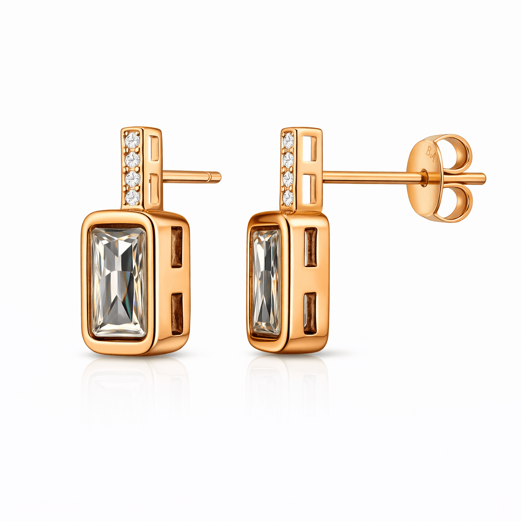 Gold Tone Rectangular Stud Earrings with Crystal Stone and CZ Accent Bar