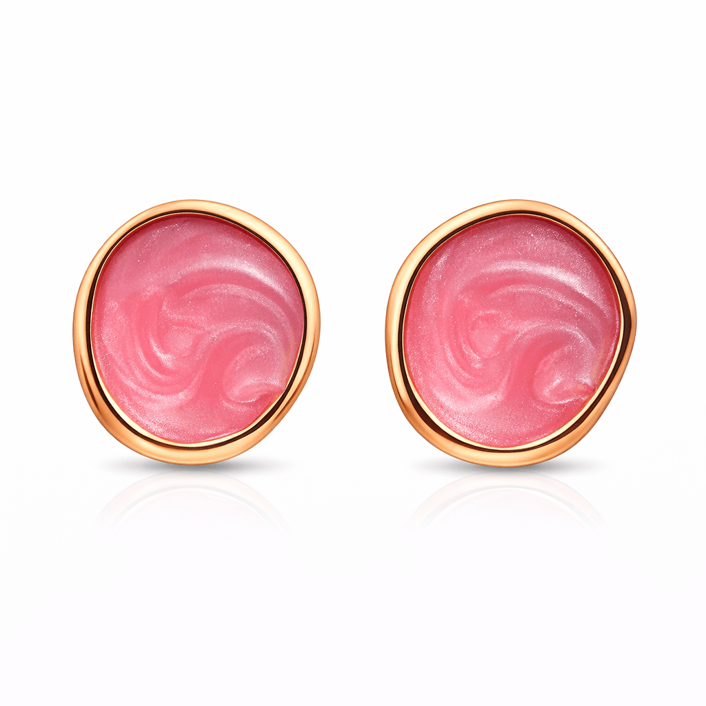 Gold Tone Round Pink Enamel Stud Earrings with Glossy Finish
