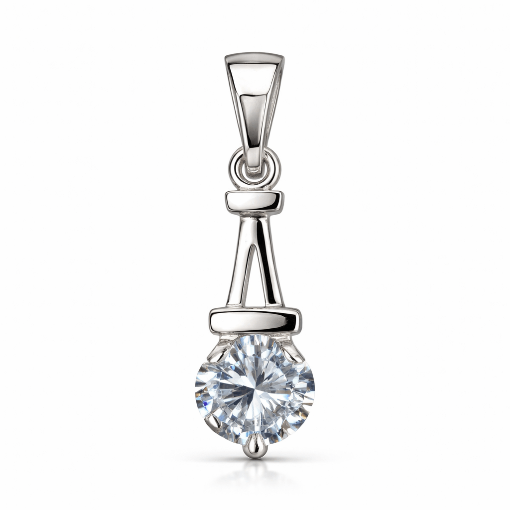 Minimal Silver Tone Solitaire CZ Pendant with Sleek Modern Drop Design