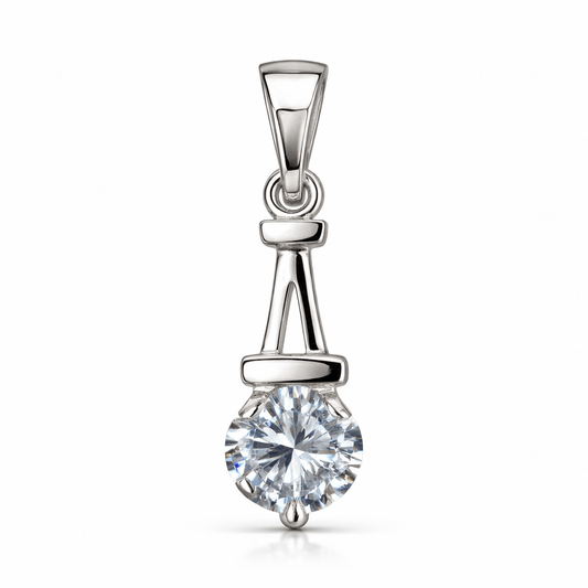 Minimal Silver Tone Solitaire CZ Pendant with Sleek Modern Drop Design