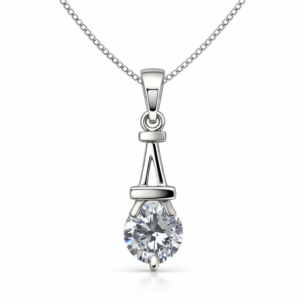 Minimal Silver Tone Solitaire CZ Pendant with Sleek Modern Drop Design