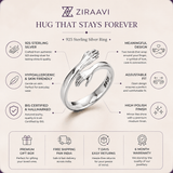 A promotional infographic for a ZIRAAVI 925 sterling silver ring, featuring a central 3D rendering of the ring and surrounding text detailing its features, benefits, and customer service in India.