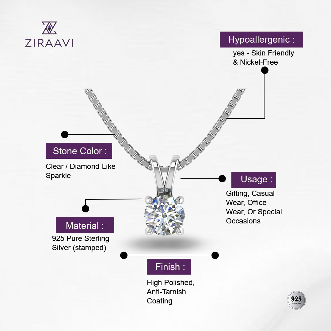 Solitaire Pendant 925 Sterling Silver Necklace with Pure Silver Link Chain