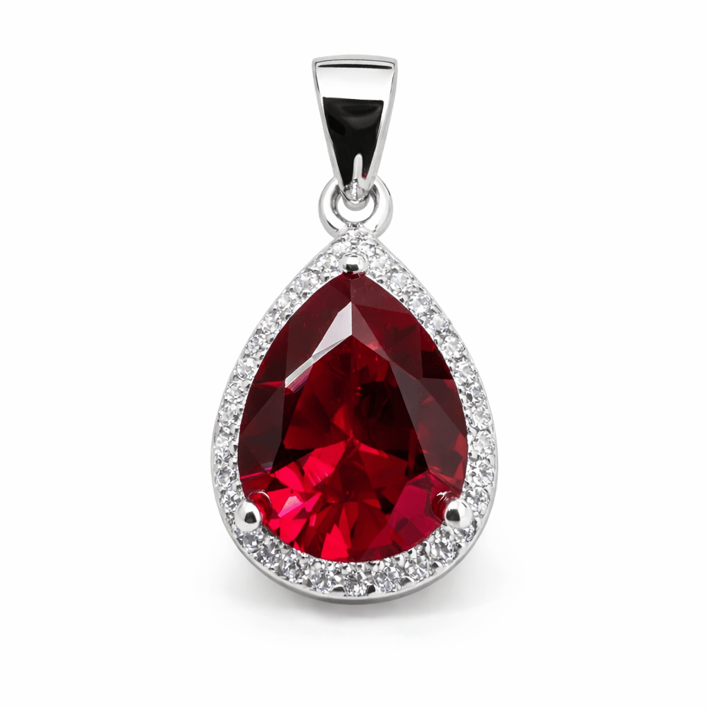 Red Teardrop Crystal Pendant Silver Tone Halo Statement Elegant Jewellery