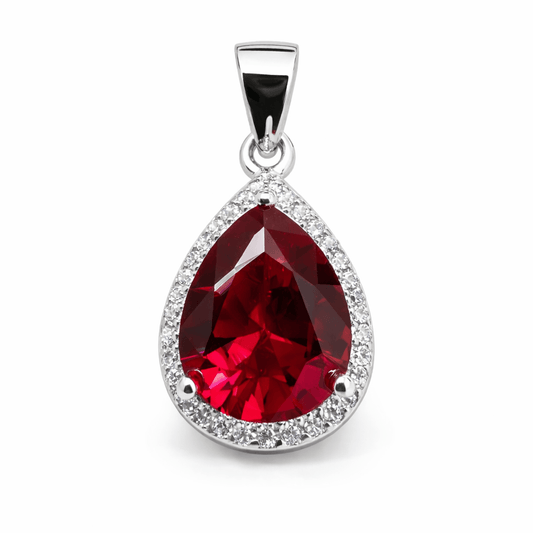 Red Teardrop Crystal Pendant Silver Tone Halo Statement Elegant Jewellery
